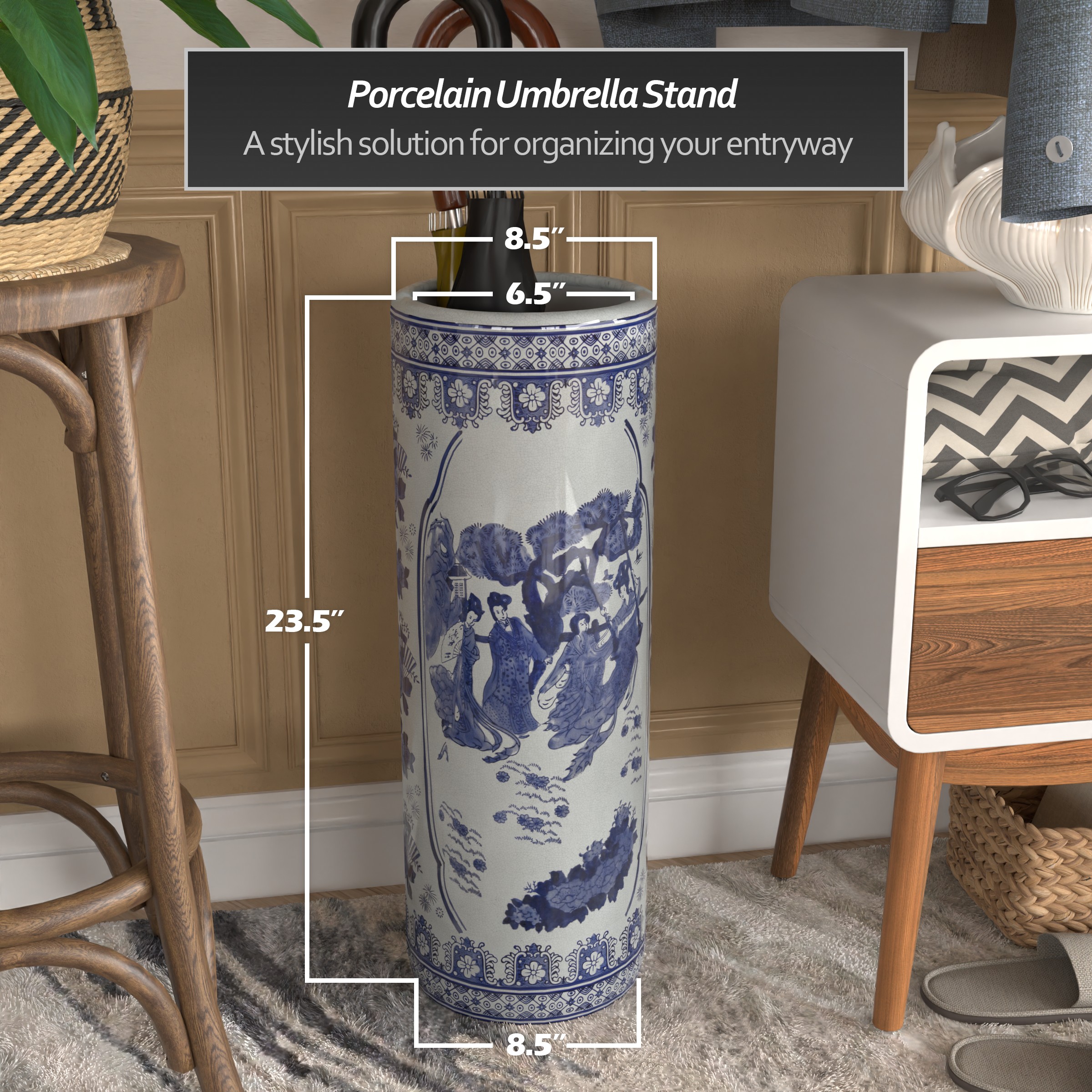 Red Lantern 24" Ladies Blue & White Porcelain Umbrella Stand