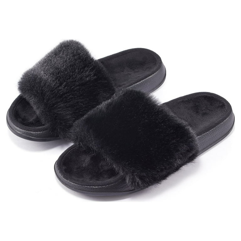 Puxowe Women Slides Faux Fur Fuzzy Slippers Indoor Outdoor Non