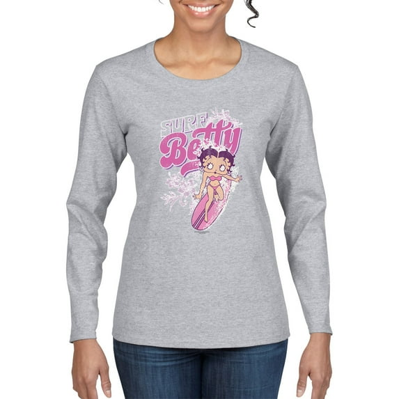 Wild Bobby, Shore Surfer Betty Boop Betty Boop Womens Long Sleeve T-Shirt, Heather Grey, Small