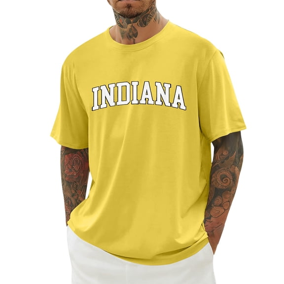 Aihuaihua Mens T Shirts Round Neck Short Sleeve Pullover Indiana Print Men's T-Shirt Stylish Clothes for Men Yellow L