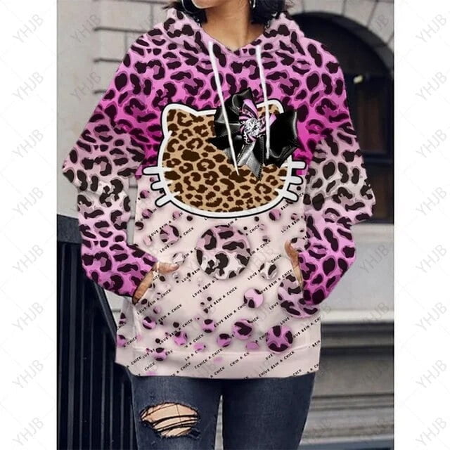 Chandail à Capuchon pour Femmes T-Shirt à Imprimé Hello Kitty Automne Mode à Capuche Chandail Décontracté Moderne 2023 Aguichant Chandail à Capuchon à Imprimé Léopard