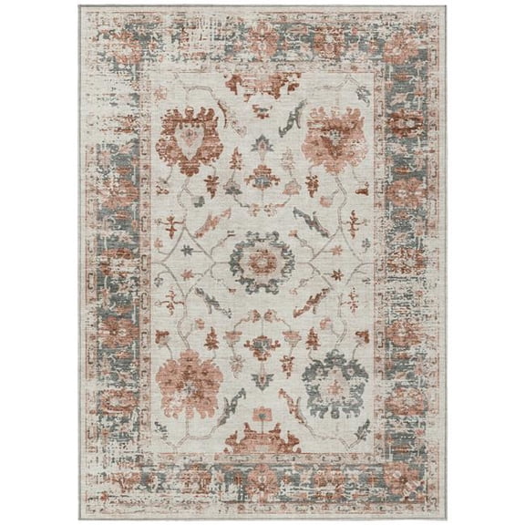 HomeRoots 627876 5 x 8 ft. Linen & Ivory Floral Washable Traditional Indoor & Outdoor Rectangle Area Rug