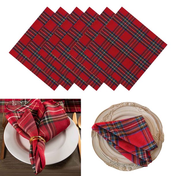 Servilletas navideñas clásicas de algodón a cuadros rojos, verdes y blancos (juego de 6) - Manteles festivos de 40 x 40 cm - Servilletas de tela reutilizables para una elegante decoración de temporada