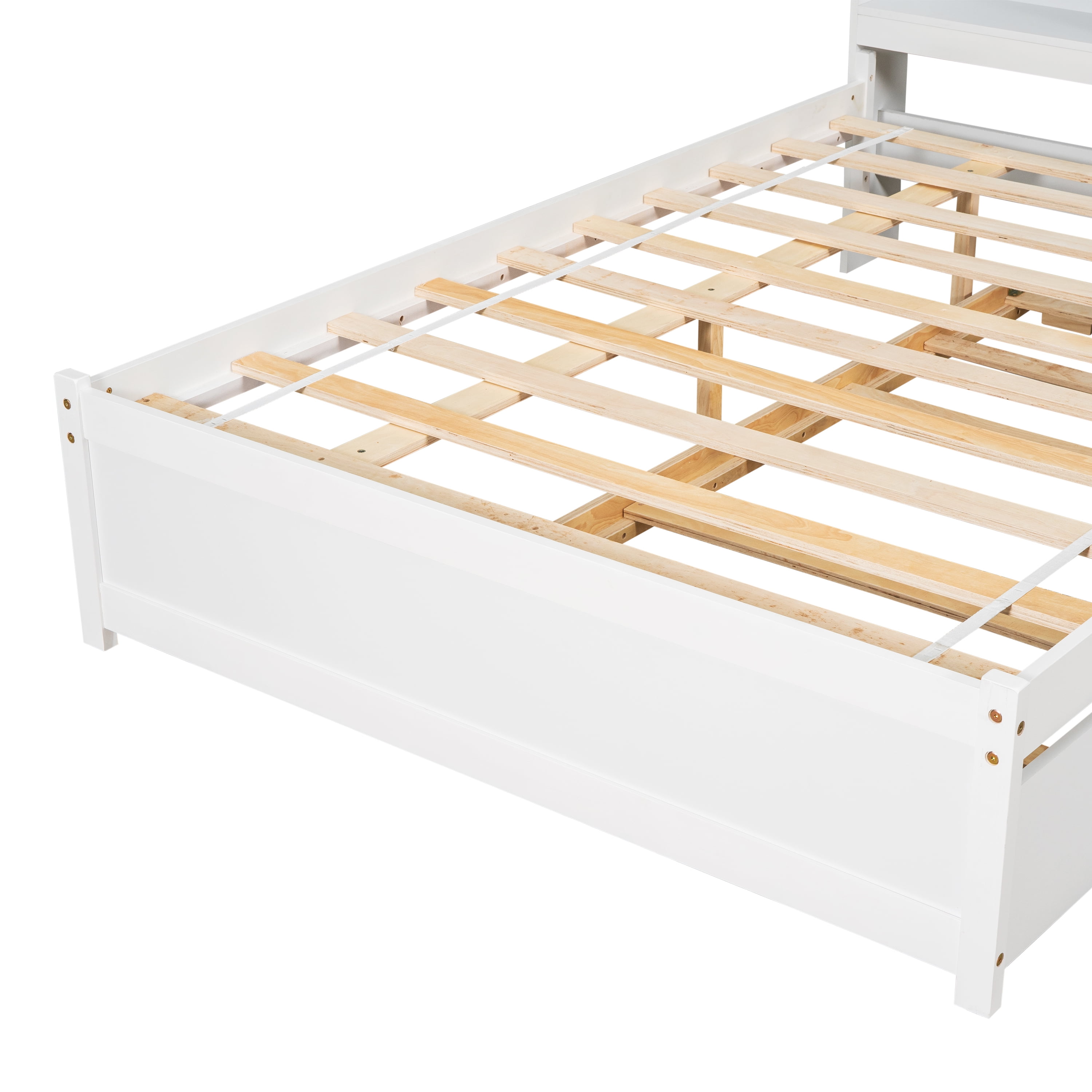 Miniyam Full Size Bed Frame with Trundle & Bookcase Headboard for Kids and Teens, White