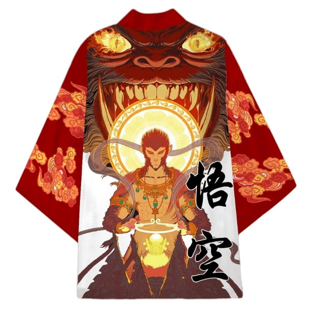 Kimono de cosplay WuKong de Black Myth para hombre, ropa tradicional asiática vintage con estampado gráfico llamativo, cárdigan japonés Haori yukata.
