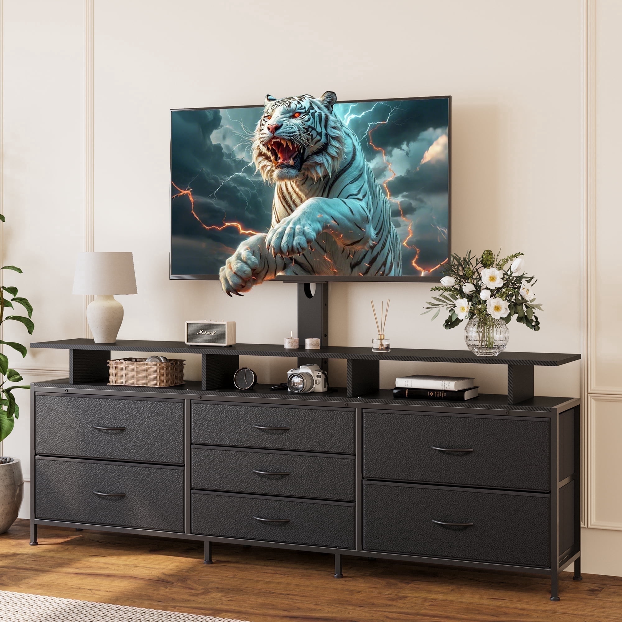 GUNAITO TV Stand with Adjustable Mount for TV up to 75", Big TV Stand for Living Room with 7 Fabric Drawers , Black