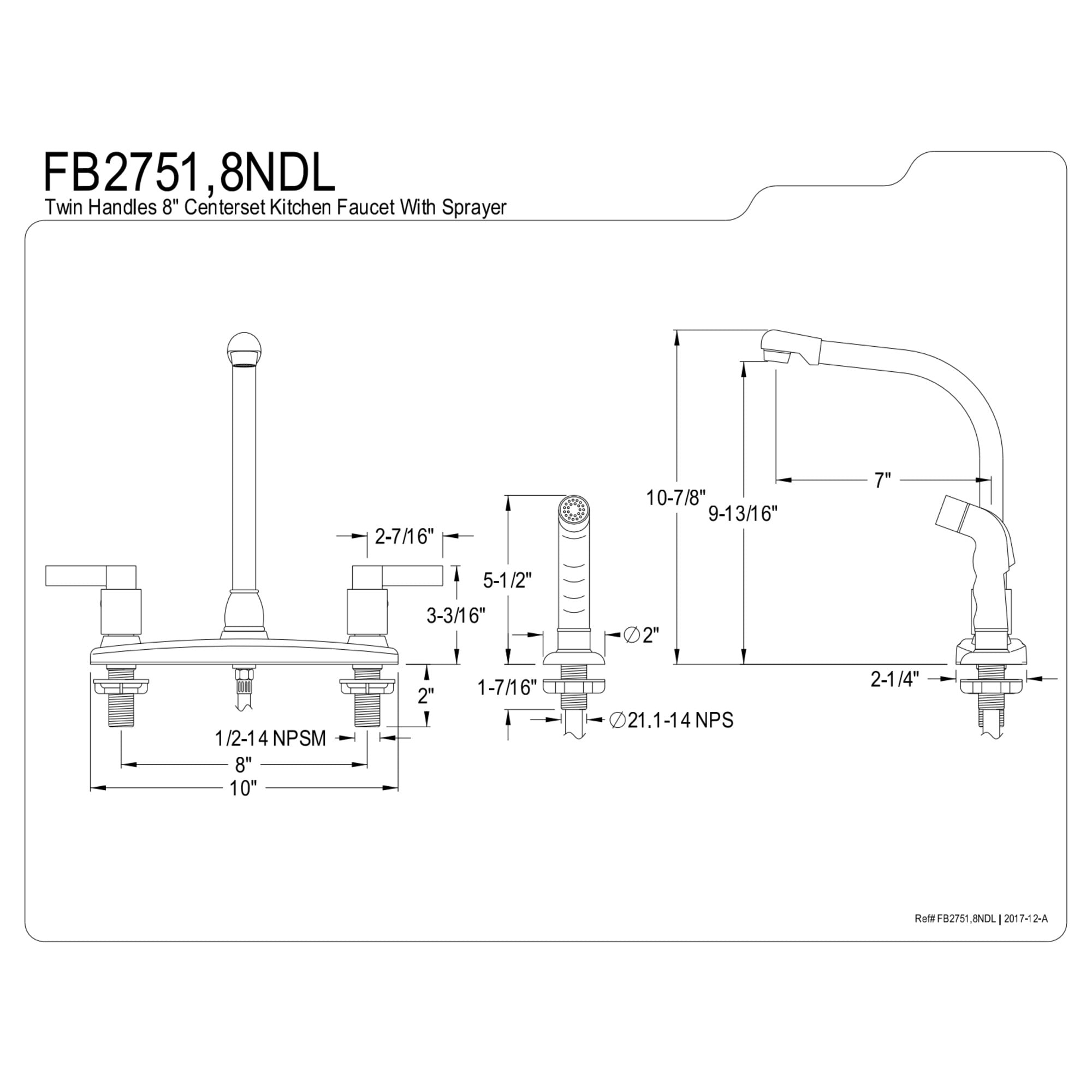 Kingston FB2751NDL NuvoFusion Two-Handle 4-Hole 8" Centerset Kitchen Faucet with Side Sprayer in Polished Chrome