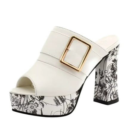 

Chunky heel Boots for Women Buckle Ladies Sandals Fashion Heel High Shoes Decorative Chunky Women s Sandals White
