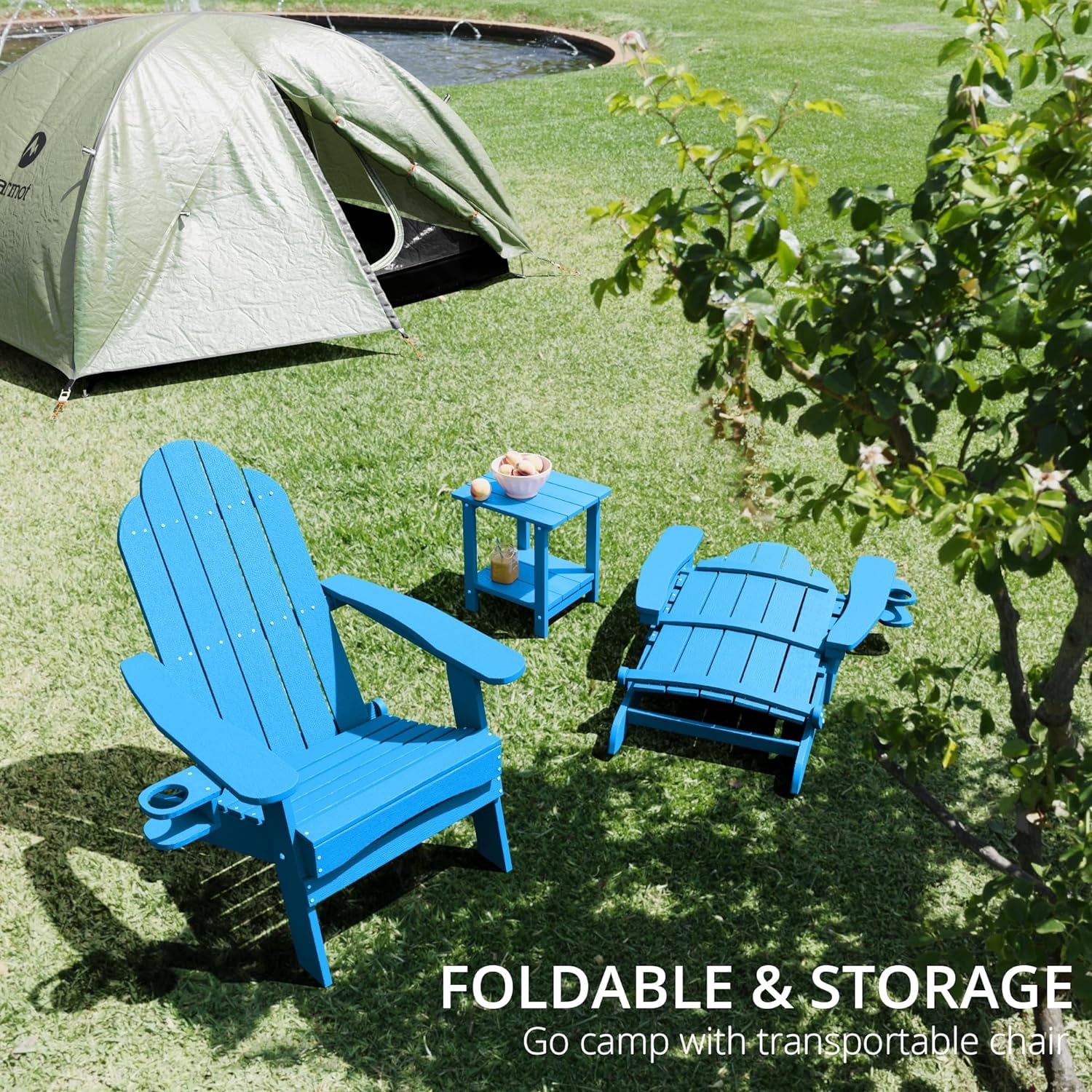 Dycanpo Folding Adirondack Chairs Set of 2,Fire Pit Patio Garden Chair with Cup Holder,Bright Blue