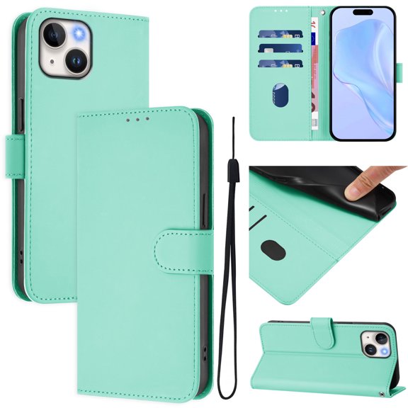 Compatible with iPhone 13 Wallet Case with RFID Blocking Credit Card Holder, PU Leather Folio Flip Kickstand Protective Shockproof Anti-fall Phone Case Cover Women Men,Mint