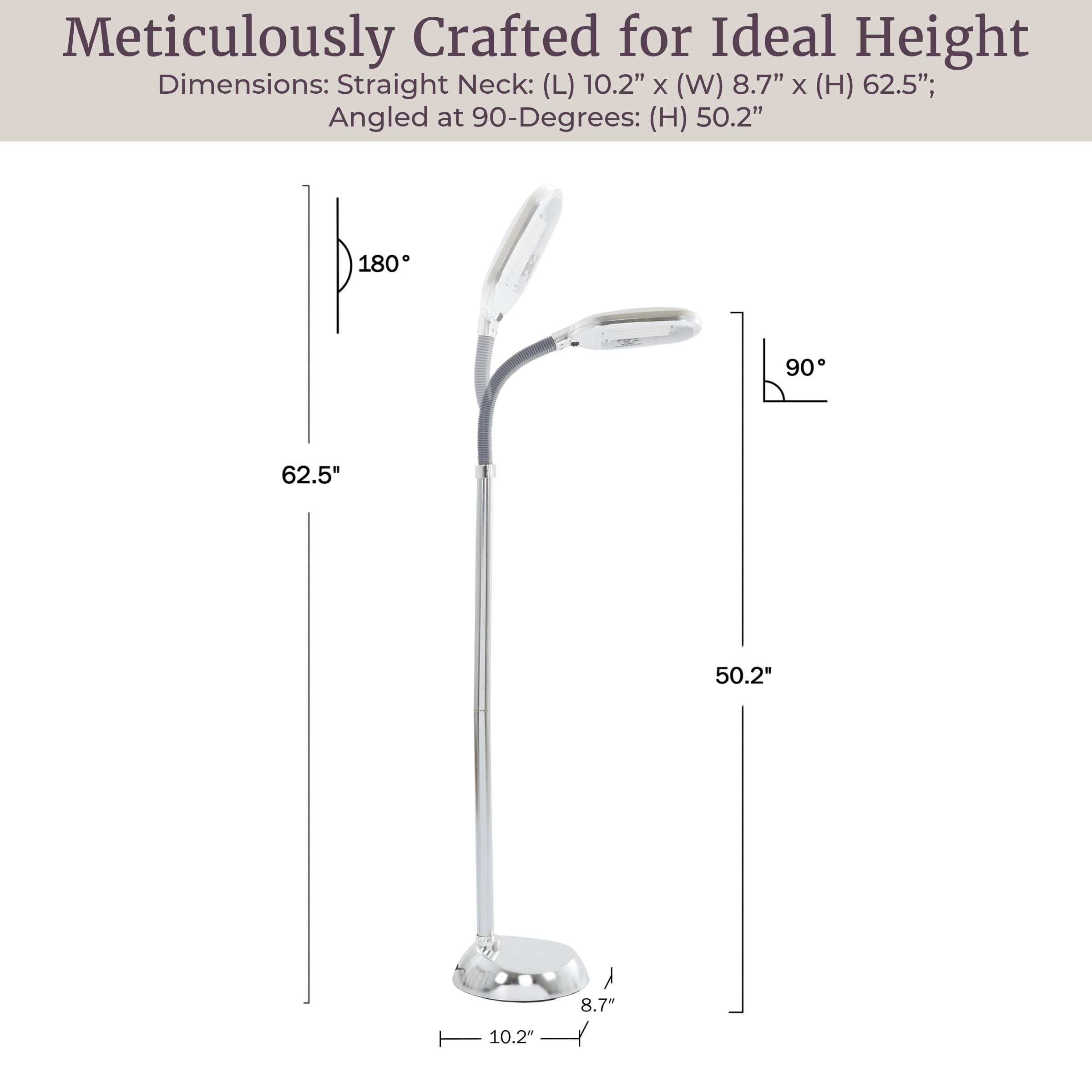 Lavish Home 63-Inch Adjustable Floor Lamp for Bedroom - Full Spectrum Natural Sunlight Lamp for Office with Bendable Neck for Reading Light, Craft, Studying, and Esthetician Light (Chrome)