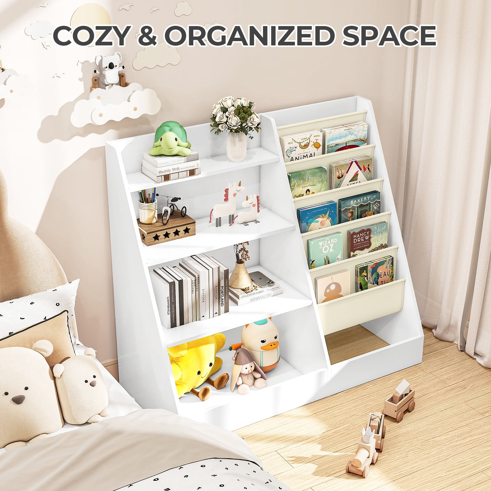 SUGIFT 4 Tier Kids Bookshelf, Kids Toy Organizer with 5 compartments, Bookcase for Children's Room, Playroom, White