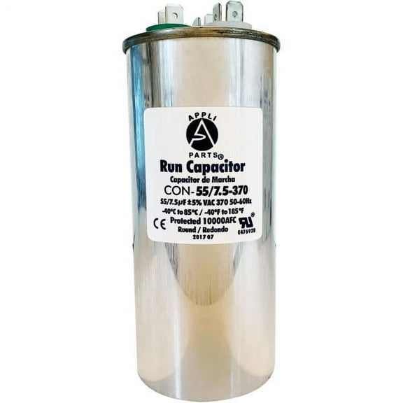 Appli Parts Dual Run Capacitor for ac 55 7.5 Mfd uF (microfarads) 370VAC CBB65 Round Universal fit for hvac and other applications 5-1/4in Height 2-1/4in Wide CON-55/7.5-370-R