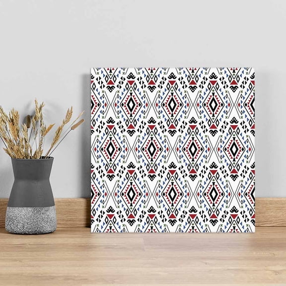 Blue Red Black Geometric Wall Art Painting on Canvas, Southwestern Ethnic Art Canvas Art Home Prints Wall Art Framed Modern Artwork for Living Room Bedroom Wall Decor 8x8in