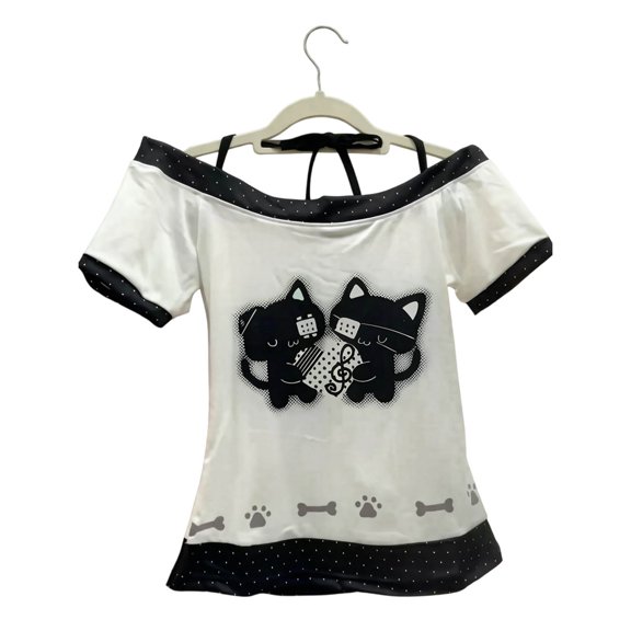 DHFJKG Off The Shoulder Tops For Women Short Sleeve T Shirt Self Tie Halter Slim Fit Cute Cat Printed Graphic Tees Soft Top