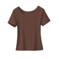 thumbnail image 1 of Gibobby Playera de Verano para Mujer Camiseta manga corta sólida con cuello redondo y ajuste holgado informal verano para mujer(Café,CH), 1 of 3