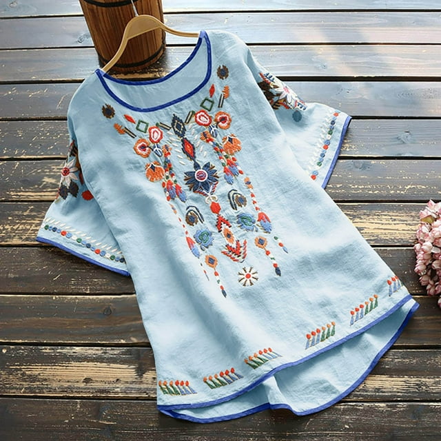 DPTALR Womens Spring Summer Color Casual Loose T-Shirt Short Sleeve Round Neck Embroidery Tops Cotton And Linen Blouse