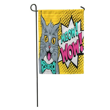 LADDKE Gray Pet Meow Wow Pop Cat Face Funny Surprised Open Mouth Speech Bubble in Retro Comic Yellow Food Garden Flag Decorative Flag House Banner 12x18