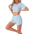 thumbnail image 4 of Conjuntos de pijama para mujeres INSPIRE CHIC de manga corta, parte superior de punto con botones y pantalones cortos, ropa de estar en casa de 2 piezas Y2K, M Azul, 4 of 6
