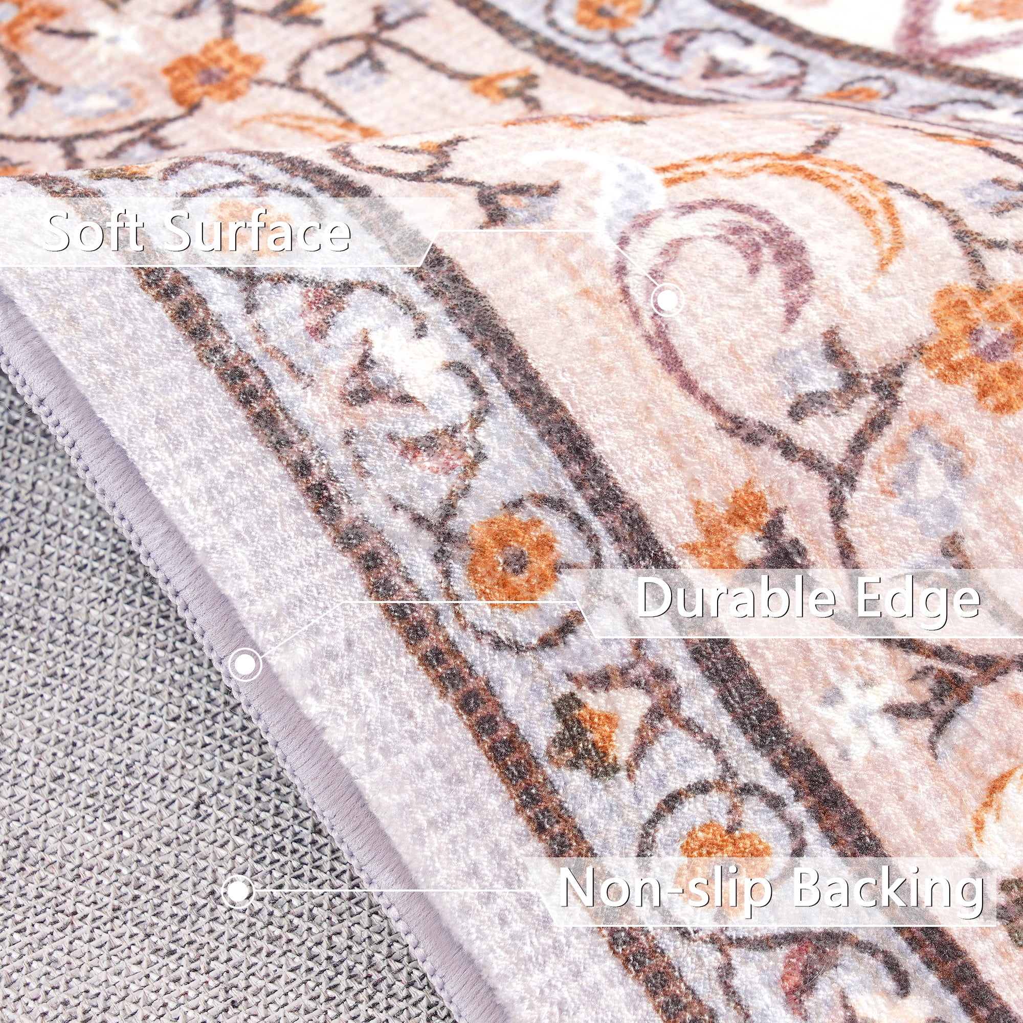 Jamfeel Area Rugs Vintage Floral Printed Washable Non-slip Carpets Foldable Thin Low Pile Rug for Living Room Bedroom 8'x10' Khaki
