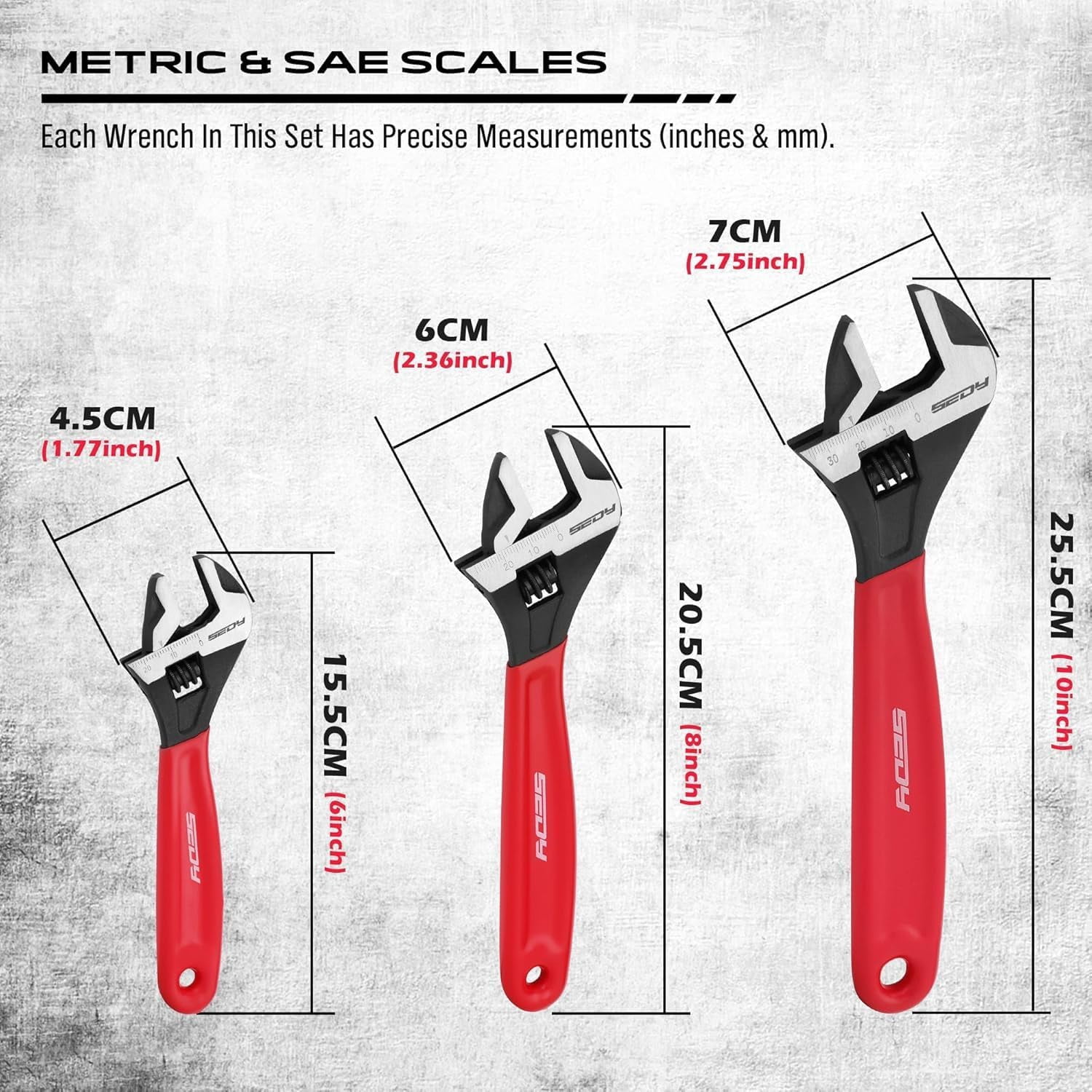 Adjustable Wrench Set Pipe Spanner: 6" 8" 10" Wide Jaw Black Oxide Wrench With Cushion Grip, Laser Marked Metric & SAE Scales, CR-V Steel for Professional