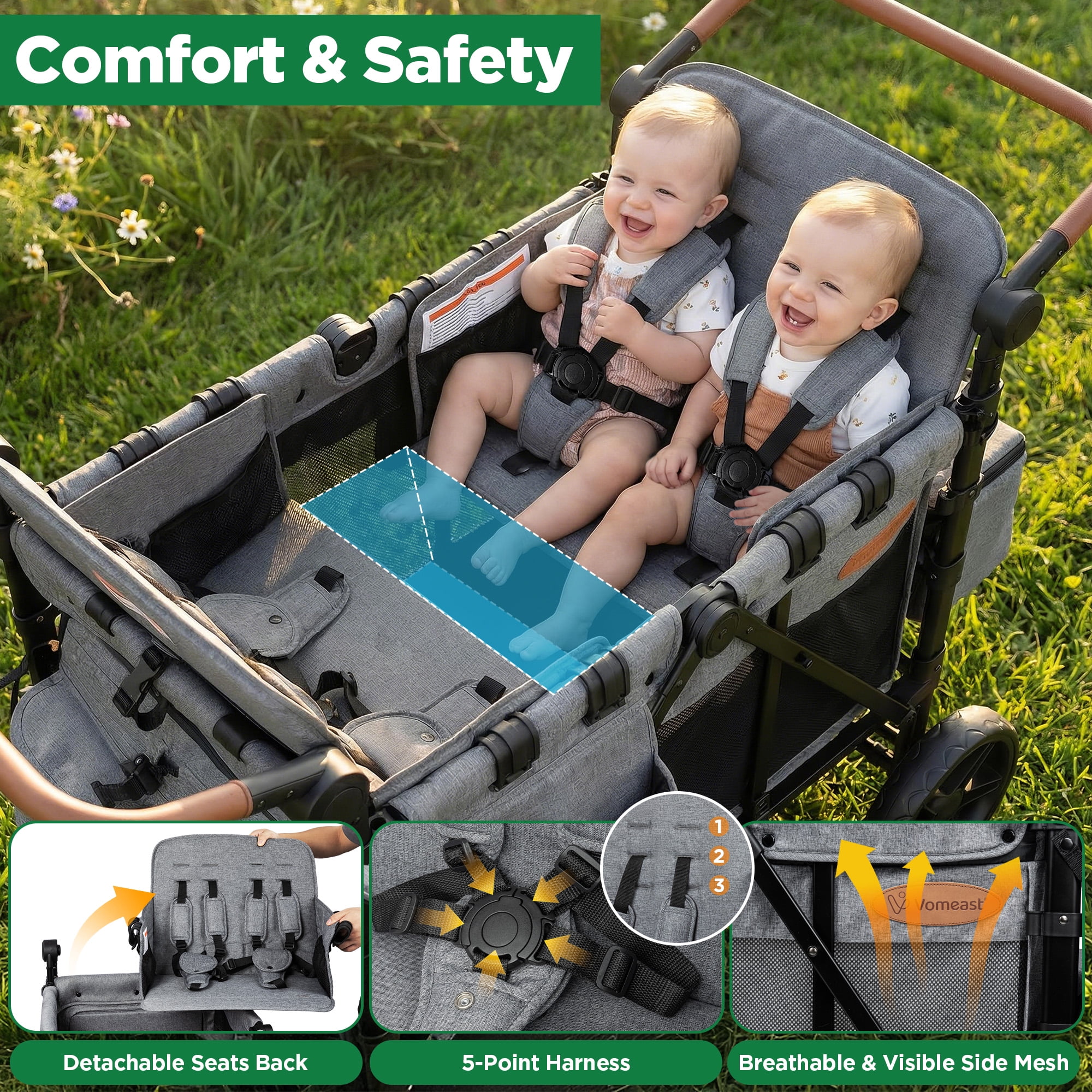 Vomeast Upgrade Wagon Stroller for 4 Kids, 4-Seater Outdoor Baby Stroller Wagon with Canopy, 5-Point Harness, Adjustable Handle(Grey)