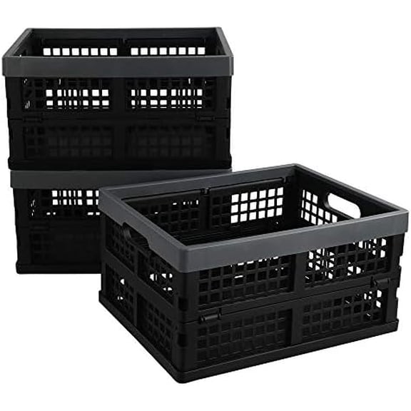 3-Pack 15 L Plastic Collapsible Crate, Folding Storage Baskets, Black$$Office