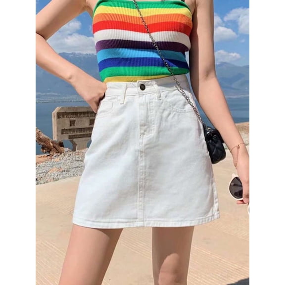 White High-Waisted A-Line Denim Mini Skirt For Women, Casual Summer Style
