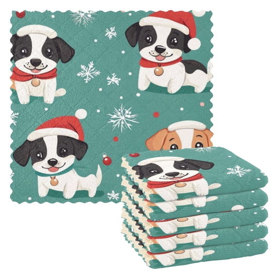6 Pieces of Kitchen Towels 11x11Inch Kitchen Dish Cloths Kitchen Dish Towels Reuseable Cleaning Cloths Cute Christmas Puppy