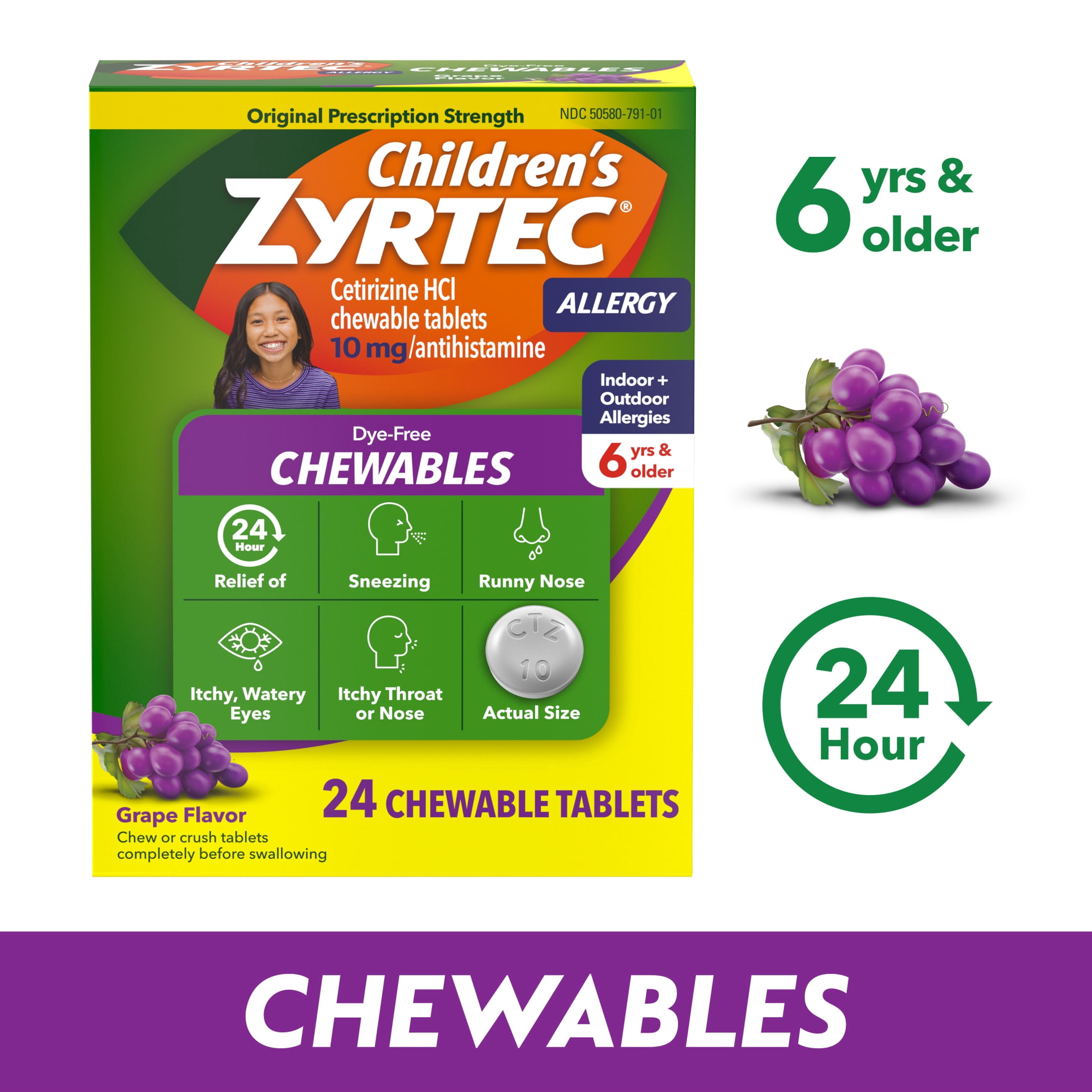 (3 pack) Children's Zyrtec 24 Hr 10 mg Allergy Chews for Ages 6+, Grape, 24 Count