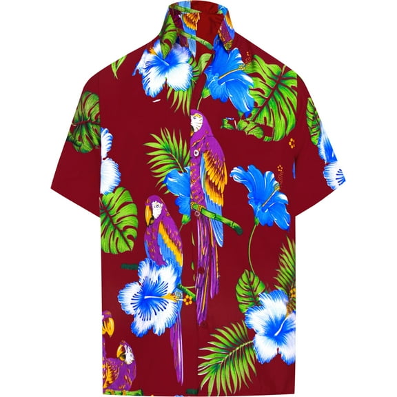 HAPPY BAY Men's Hawaiian Shirts Short Sleeve Button Down Shirt Men's Party Shirts Casual Holiday Summer Tropical Island Shirts for Men Funny S Purple Parrot, Red
