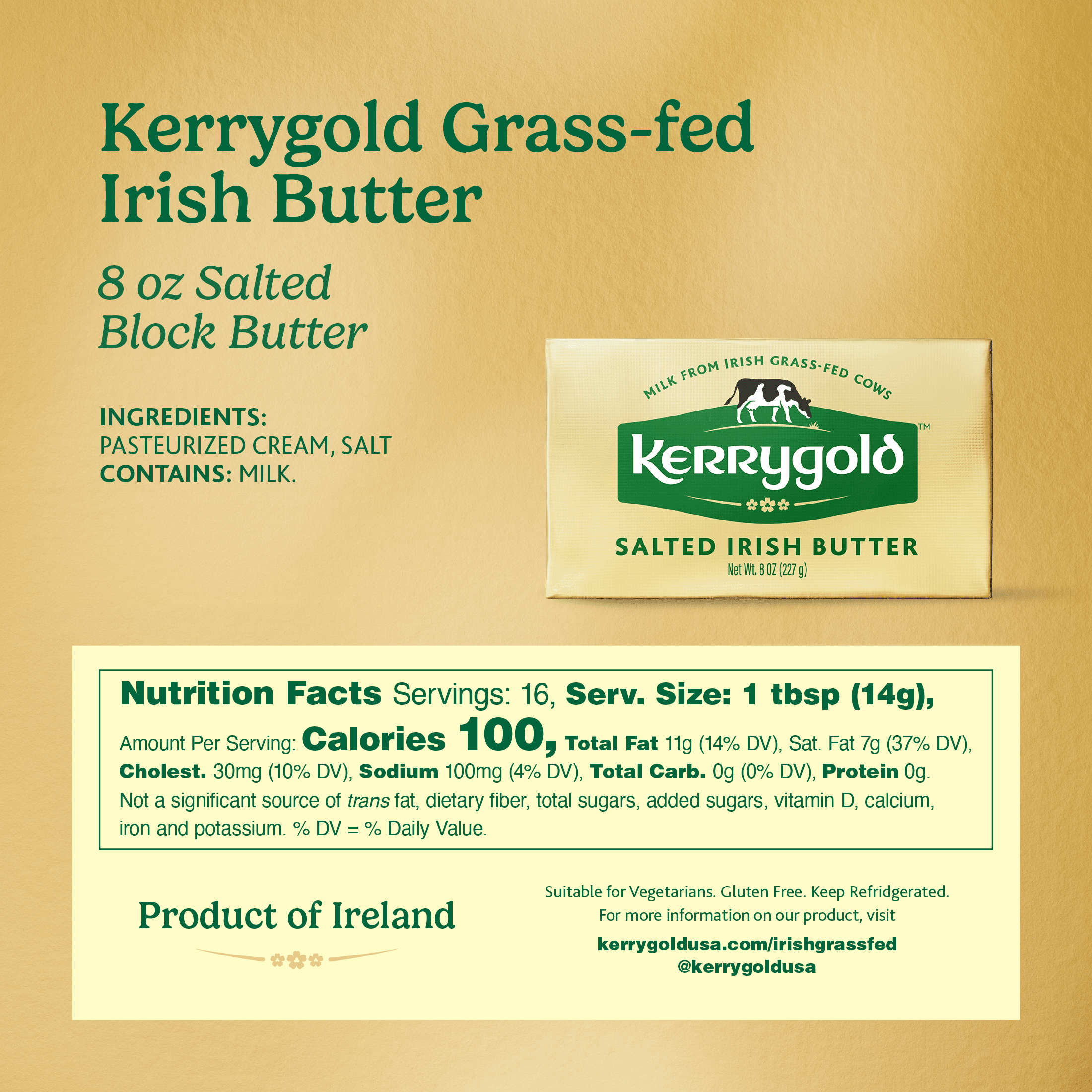 Kerrygold Grass-Fed Salted Pure Irish Butter, 8 oz.