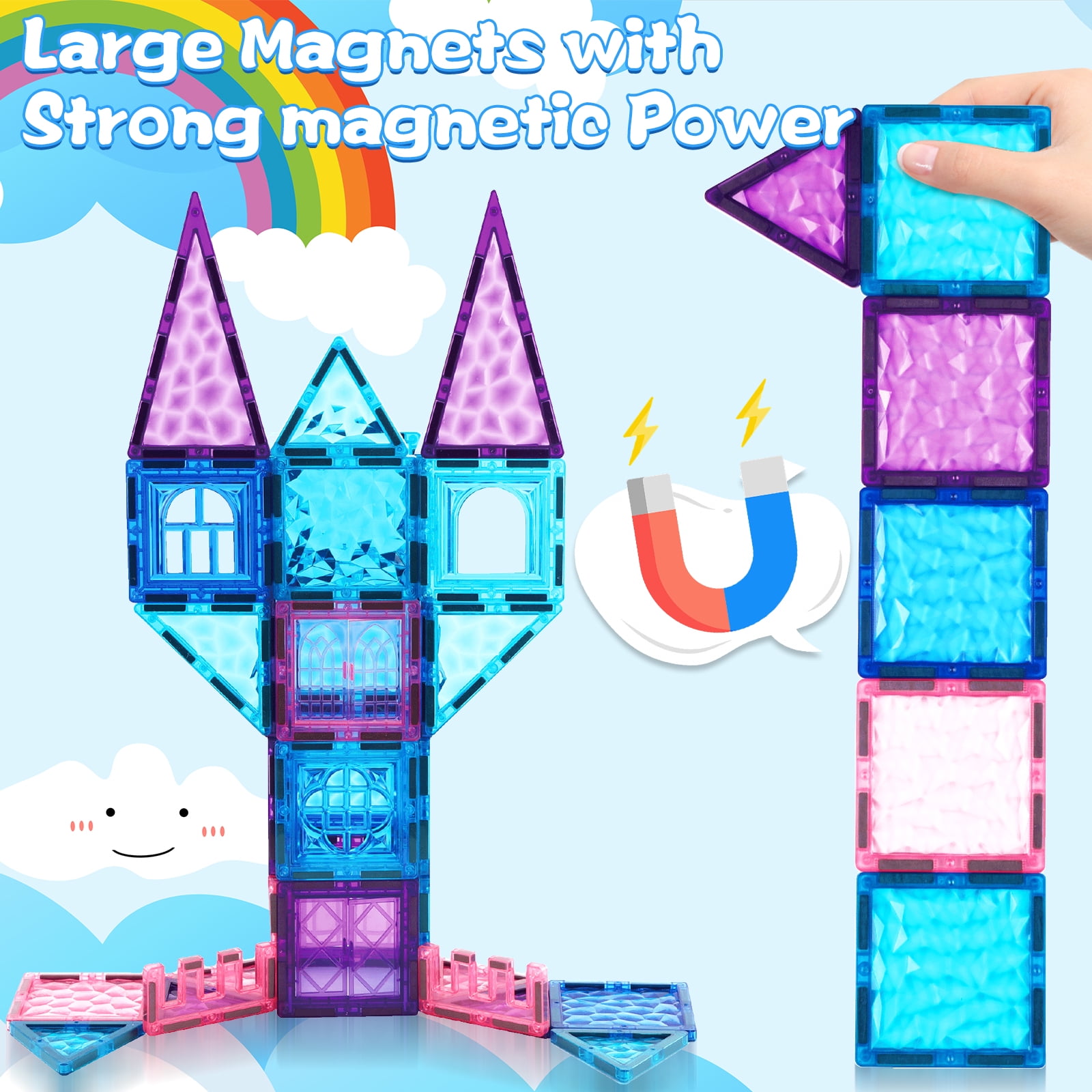 FunMagic Magnetic Tiles, Shining Sparkle Magnetic Toys for Girls 3D Diamond Magnetic Building Blocks with 2 Dolls, STEM Sensory Educational Toys for Toddlers Kids