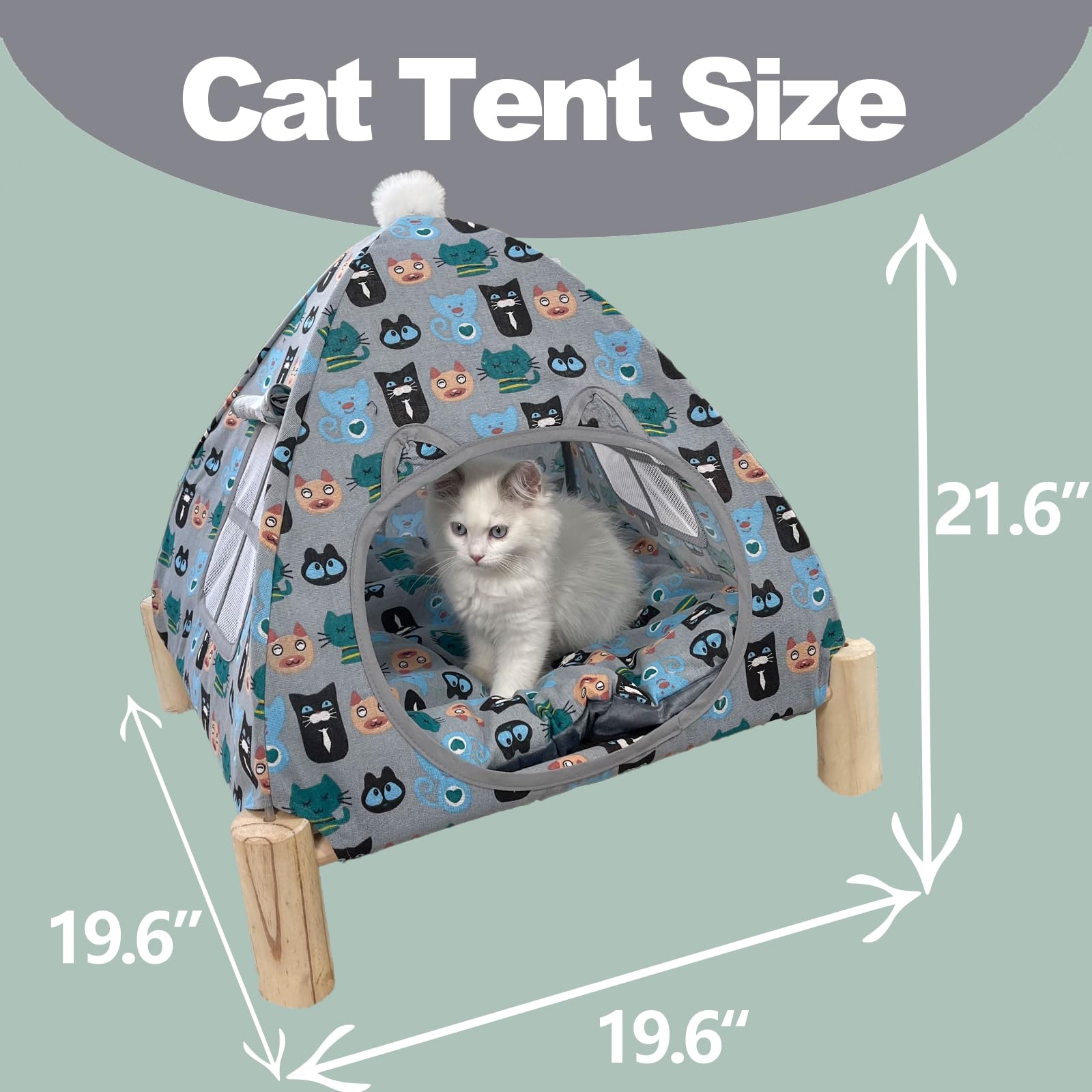 Nockovi 2-in-1 Cat Tent Wooden Frame Cat Bed Cat Hammock, Portable Indoor Outdoor Pet Tent House for Cats Puppies Small Animals, Quick Assembly Cute Pattern Pet Nest
