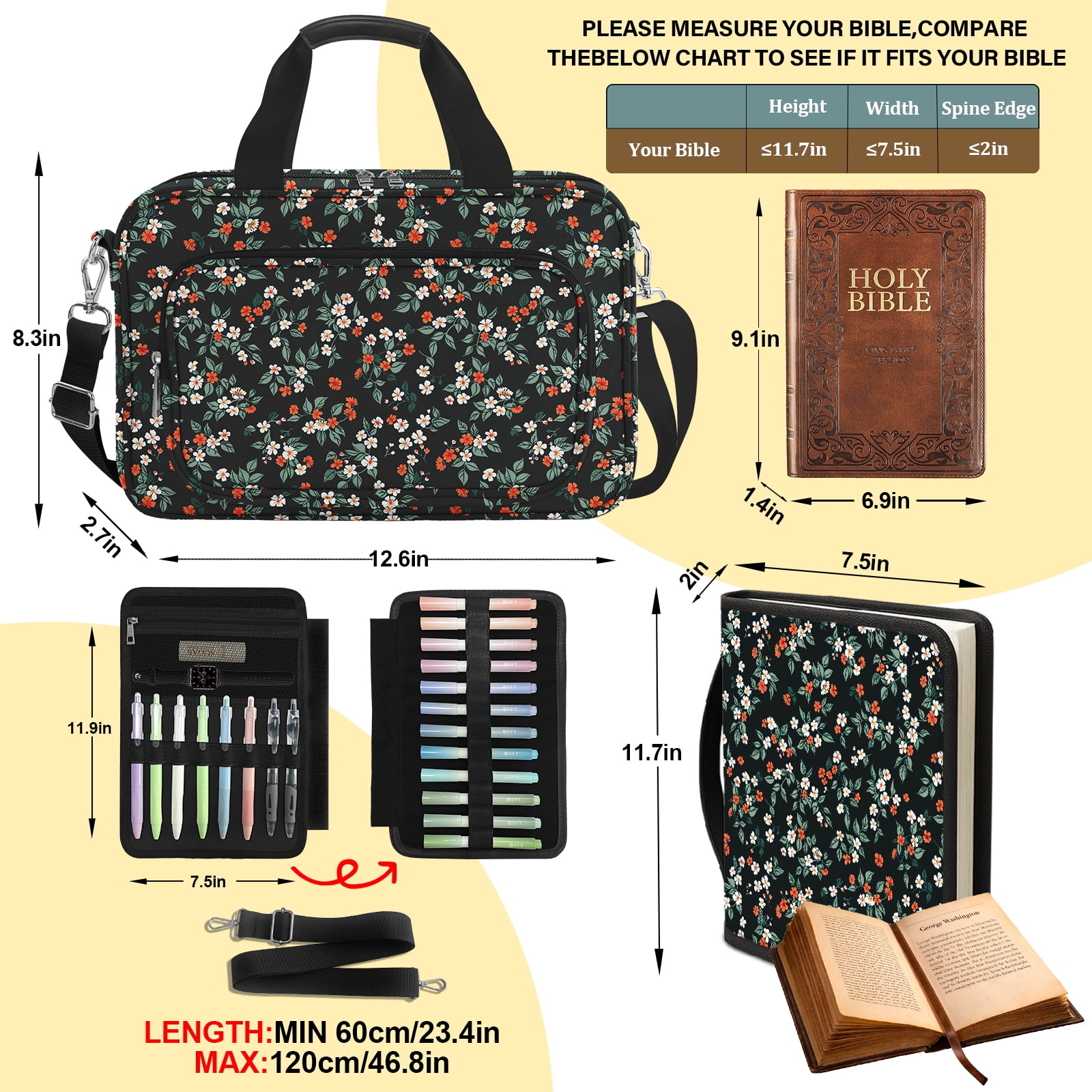 Bible Cover Case for Women with Large Bible Bag, Bible Cover with Shoulder Strap & Journaling Kit, Pens and Highlighters Cross Clips for Bible Study & Church, Christian Gift for Women