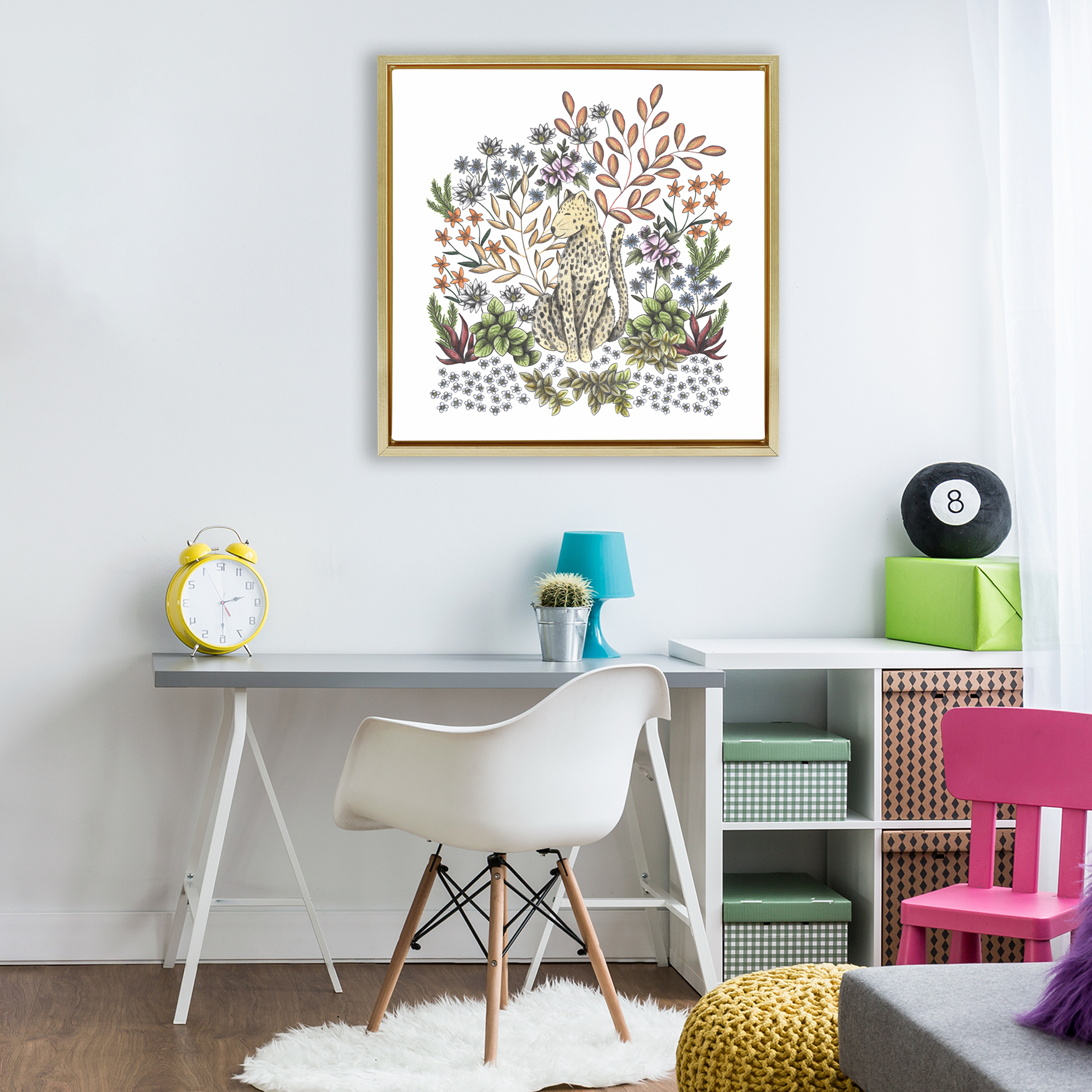 Jungle Wildlife Leopard Gold Framed Floater Canvas Wall Art, design by Cecilia Battaini