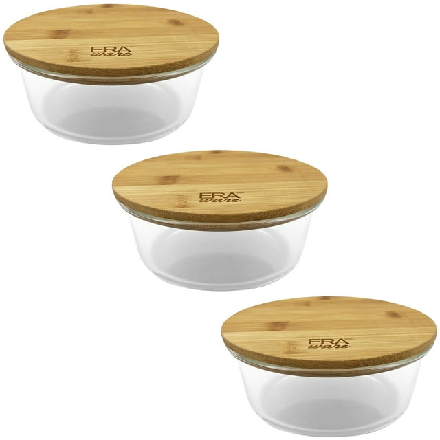 EraWare - Set of 3 Borosilicate Glass Container, Bamboo Lid, Oven Safe, 620ml