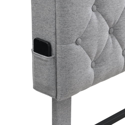 Queen-Size Upholstered Platform Bed Frame with a Modern Button-Tufted Linen Fabric Headboard,USB Ports,Convenient Charging Station,two side-mounted pockets,not require a box spring,Light Grey