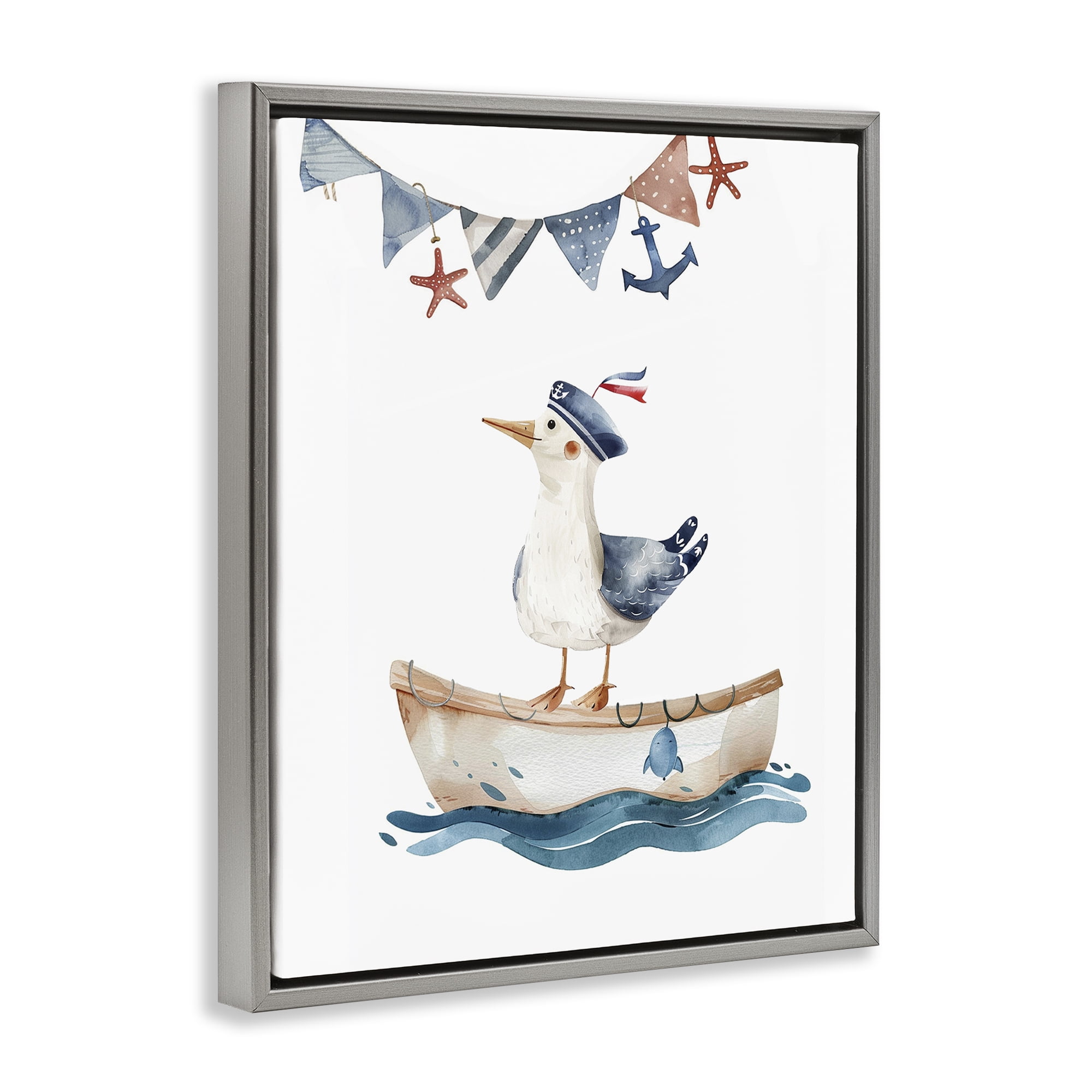 Stupell Industries Cute Sailor Seagull Animals Painting Gray Floater Framed Canvas Art Print Wall Art, 25 x 31
