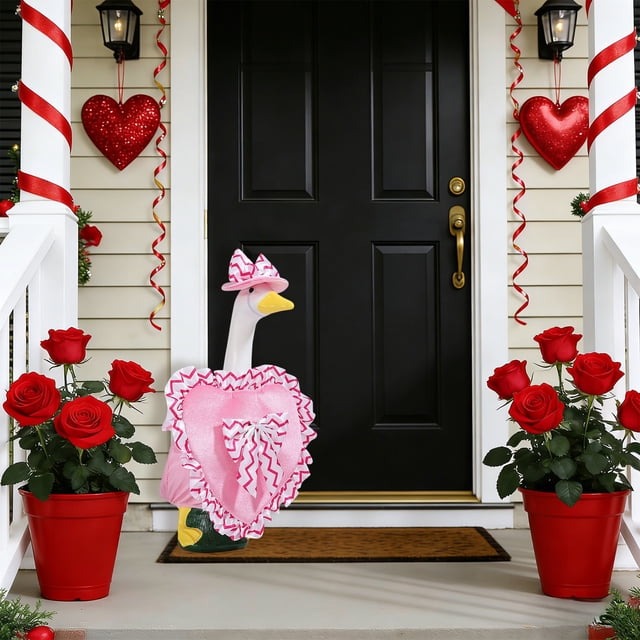 Disfraz de ganso para San Valentín para gansos de jardín de 58 cm | Decoración de poliéster rosa y rojo | Decoración navideña de una pieza para porche y jardín
