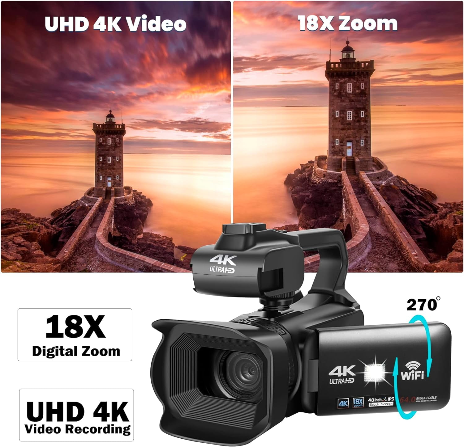 4k Video Camera Camcorder with 18X Digital Zoom,64MP Vlogging Camera for YouTube,4.0-inch Rotating Touchscreen,64GB SD Card,Microphone,Remote Control,Durable Battery(Black)