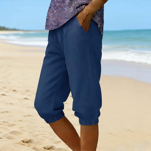 TaTaai Women's Casual Trendy Draping 7/8 Capri Pants Solid Color Faux Denim Elastic Waistband Tapered Leg with Convenient Pockets Soft Breathable Spring Summer Bottoms Gift