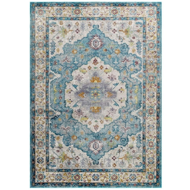 Tapis Persan Floral Médaillon 5x8 Bleu Clair Ivoire Jaune Orange
