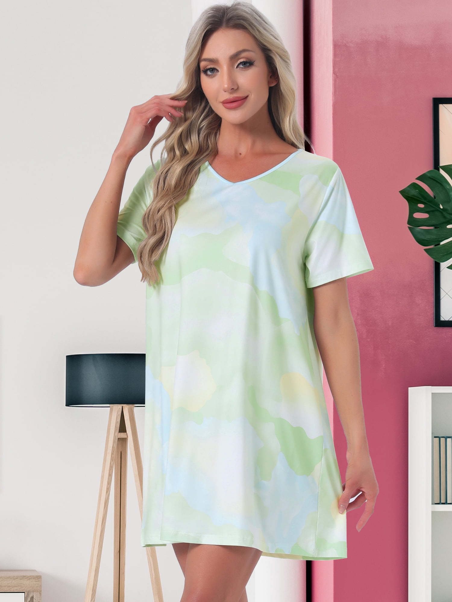 DARING DIVA Women's Short Sleeve Nightgown Soft Stretchy Pajama Dress S Light Green