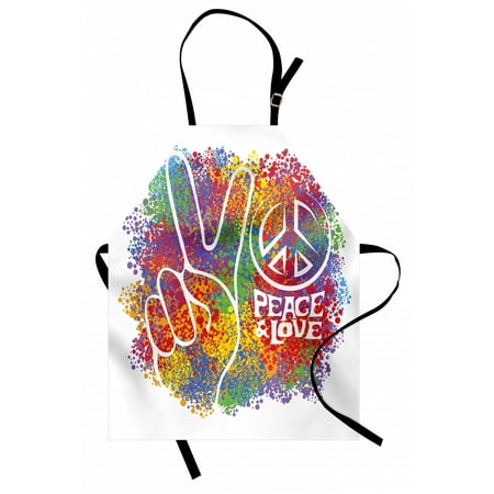 

70s Party Apron Hippie Peace and Love Symbol and Signs Two Fingers Pacifist Colorful Design Art Unisex Kitchen Bib Apron with Adjustable Neck for Cooking Baking Gardening Multicolor by Ambesonne