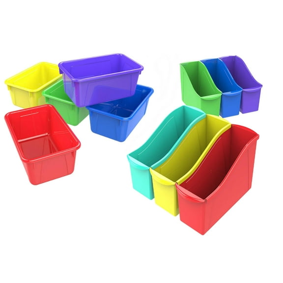 Storex Small Cubby Bin, Plastic Storage Container Fits Classroom Cubbies, Assorted Colors, 5 units with Large Book Bin Assorted Colors 6 units