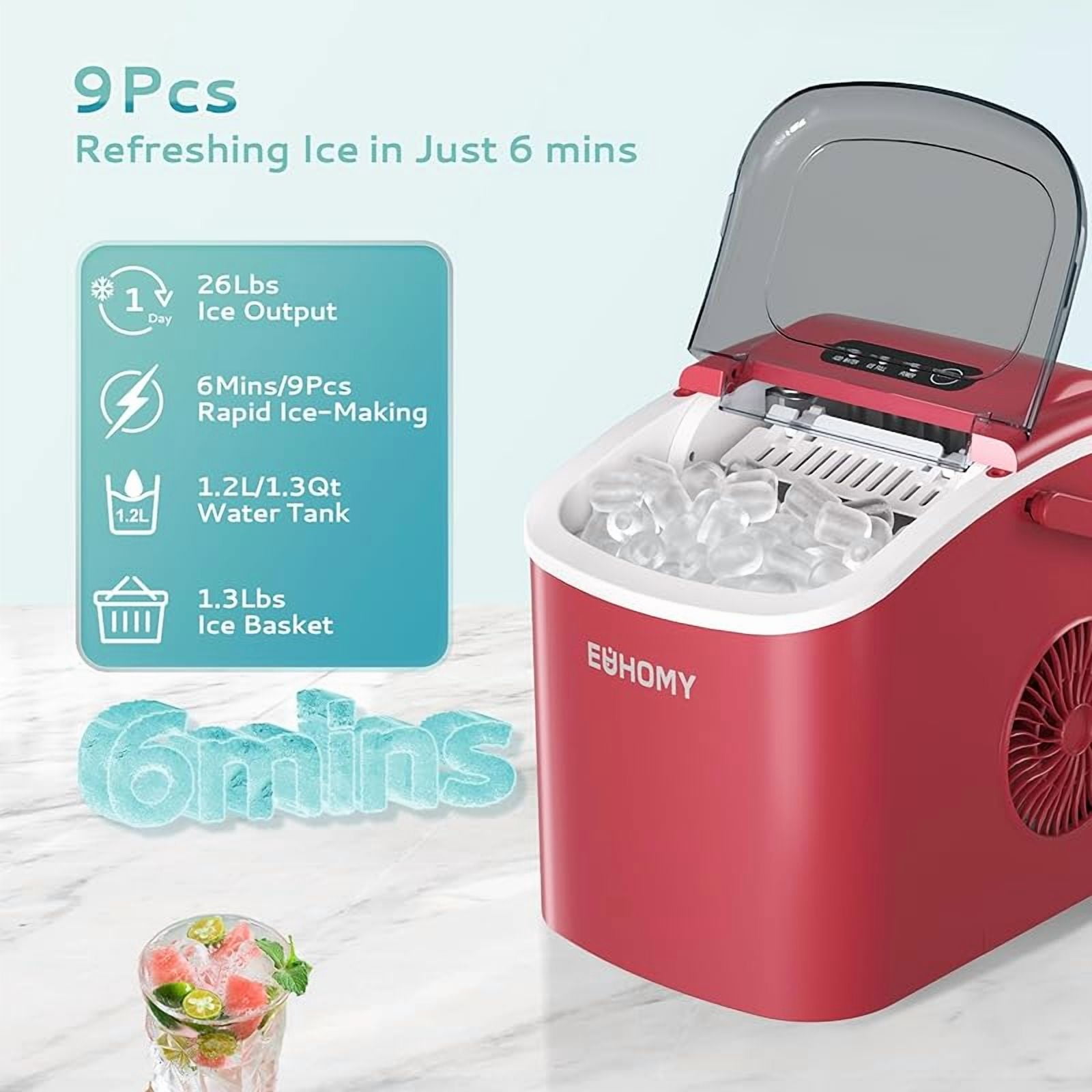Countertop Ice Maker Machine with Handle, 26lbs Per Day, 9 Ice Cubes Ready in 6 Mins, Auto-Cleaning Portable Ice Maker with Basket and Scoop, for Home/Kitchen/Camping/RV (Red)