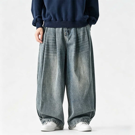 Blmnix Relaxed Fit Jeans Mens Pants Low Waisted Barrel Jeans Baggy Cargo Jean Blue Wide-Leg Long Men's Casual Pants,M