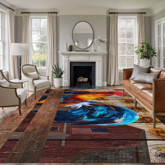 Farmhouse Rooster Area Rug 8x10 Washable Rug Non Slip Vintage Farm Chicken Sunflower Wooden Large Area Rug Soft Stainresistant Indoor Floor Carpet for Living Room Bedroom Home Office Dining Room