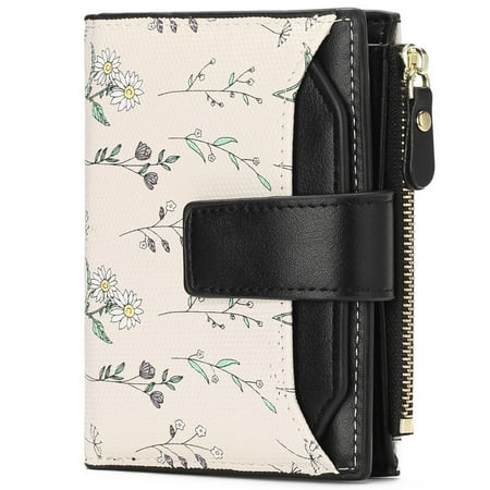 GAEKEAO Small Wallets Woman RFID Blocking Vegan Leather Bifold Floral Ladies Compact Card Holder with Zipper Pocket ID Window